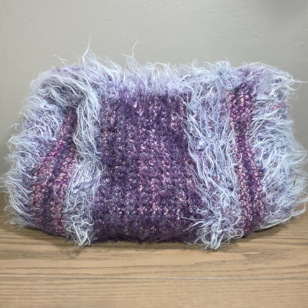 ATINA JE'BELLE Purple Fuzzy Fringe Beaded Clutch Oversized Purple Velvet